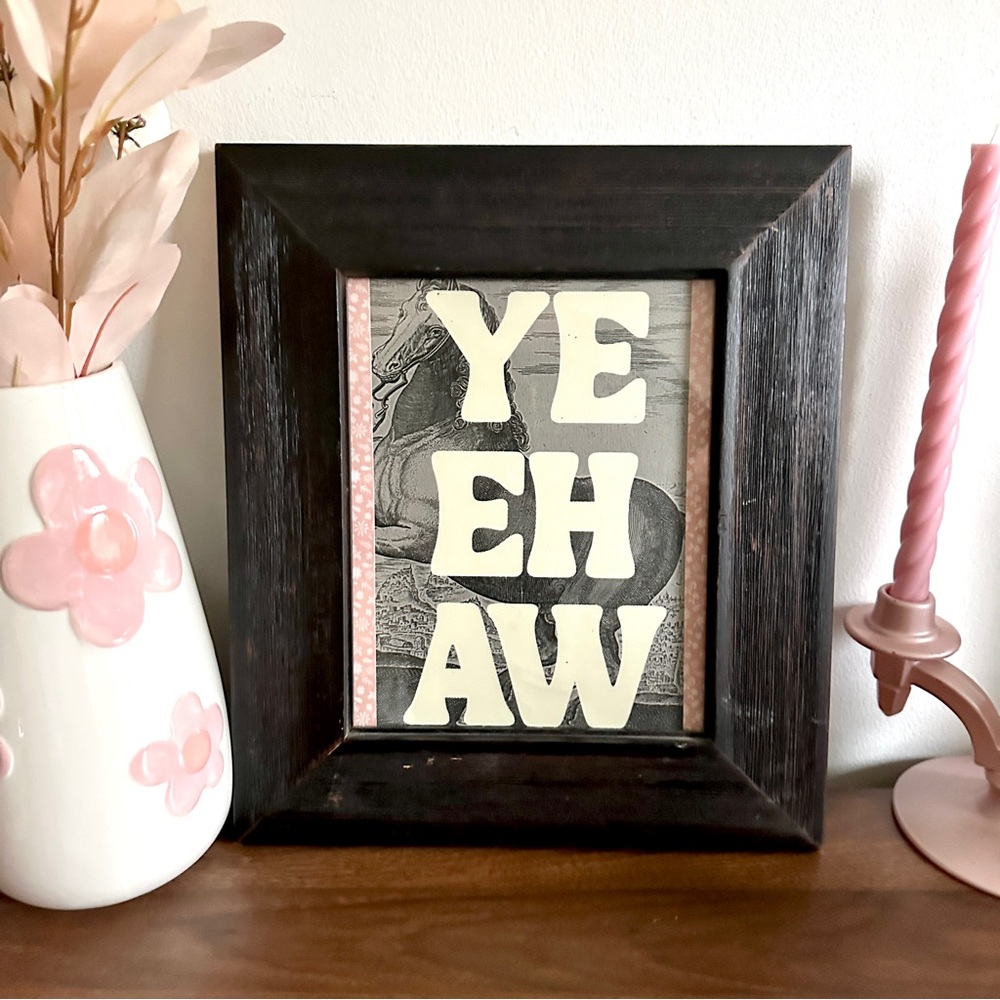 Yeehaw Rodeo Cowgirl Horse Western Pink Floral Canvas Art Print Wood Framed Art